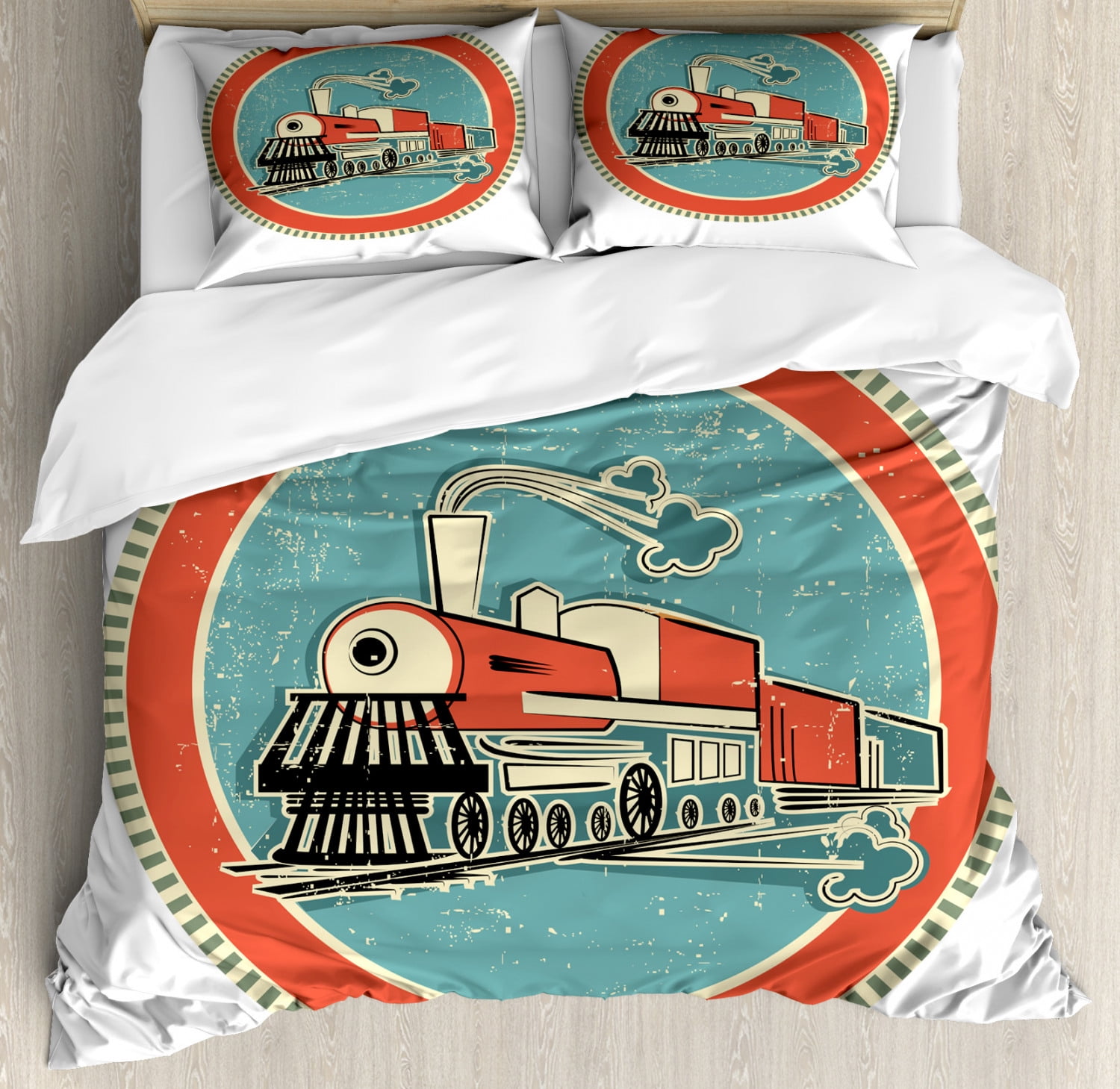 Vintage Turquoise and Salmon Train Duvet Cover Set, Queen Size