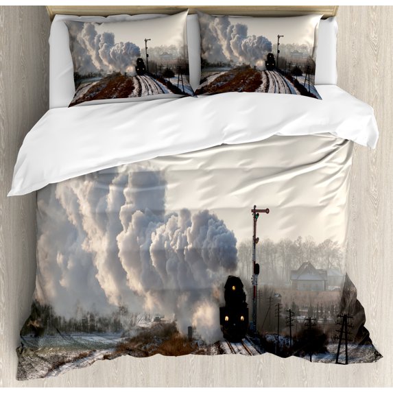 Steam Engine Duvet Cover Set, Train on Rails Winter Snow Landscape Steel Industrial Theme Rural Town Print, Decorative 3 Piece Bedding Set with 2 Pillow Shams, Queen Size, Pale Grey, by Ambesonne