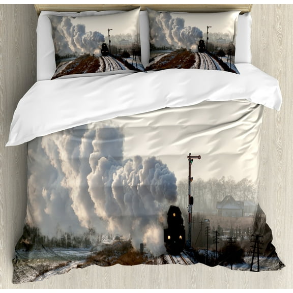 Steam Engine Duvet Cover Set, Train on Rails Winter Snow Landscape Steel Industrial Theme Rural Town Print, Decorative 3 Piece Bedding Set with 2 Pillow Shams, King Size, Pale Grey, by Ambesonne