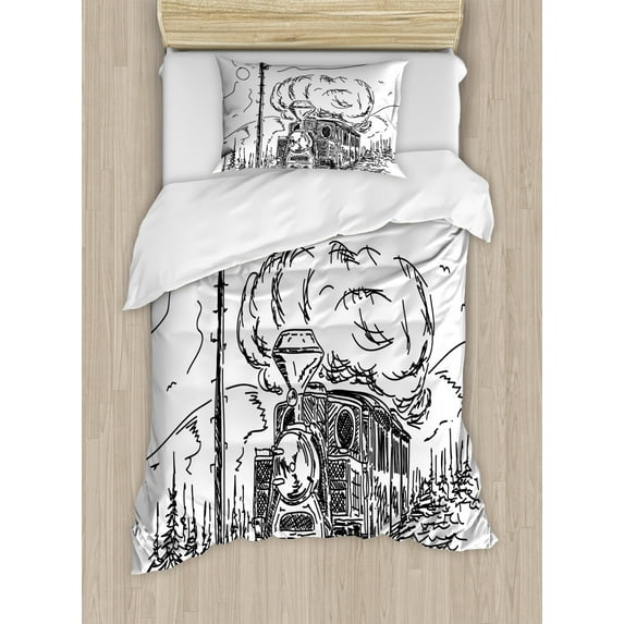 Steam Engine Duvet Cover Set Twin Size, Black and White Old Train on Railroad Sketch Effect Vintage Traveling Print, Decorative 2 Piece Bedding Set with 1 Pillow Sham, White Black, by Ambesonne