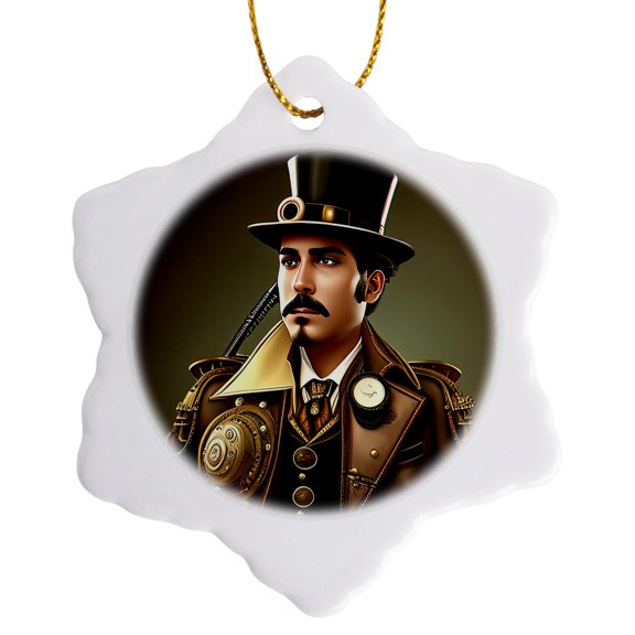 3drose, Steam Engine Engineer of Fantastic Era in Tall Hat. Fantasy Gadgets, 3 inch Snowflake Porcelain Ornament