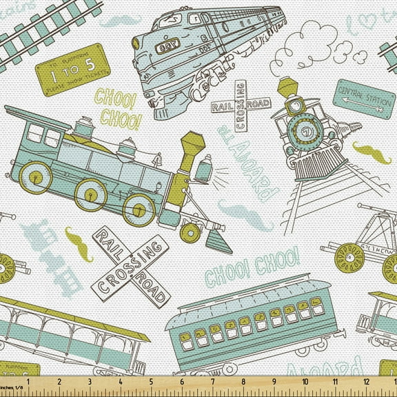 Ambesonne Steam Engine Fabric by the Yard Upholstery, Train Pattern Travel, 2 Yards, Apple Green Turquoise