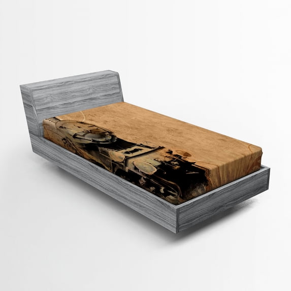 Steam Engine Fitted Sheet, Antique Old Iron Train Aged Sepia Grunge Style Design Industrial Theme Print, Soft Decorative Fabric Bedding, Twin XL Size, Brown, by Ambesonne