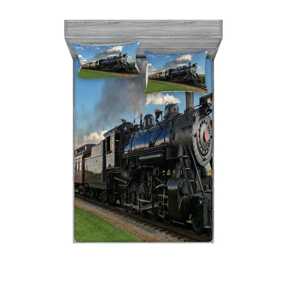 Steam Engine Fitted Sheet & Pillow Sham Set, Vintage Locomotive in Countryside Scenery Green Grass Puff Train Picture, Decorative 6 Piece Bedding Decor Set, Full, Blue Green Black, by Ambesonne