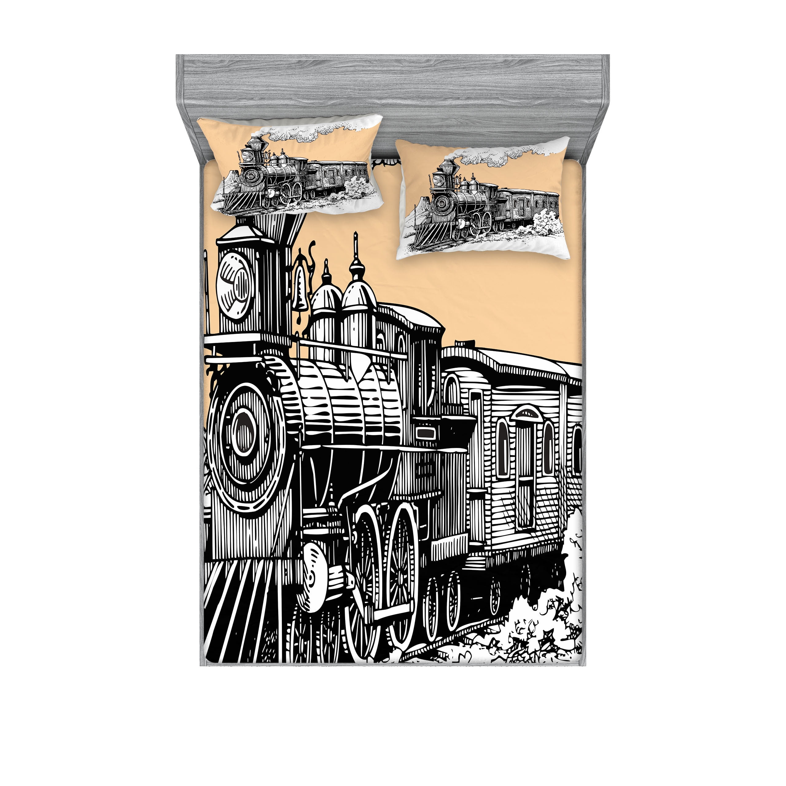 Steam Engine Fitted Sheet & Pillow Sham Set, Vintage Wooden Train Rail