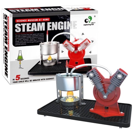 Steam Engine Model Kit Twin Cylinder with LED Generator, DIY V-Twin Live Steam Engine, STEM Educational Mechanical Assembly Kit for Teens and Adults