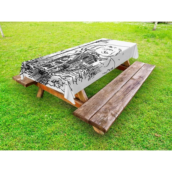 Steam Engine Outdoor Tablecloth, Black and White Old Train on Railroad Sketch Effect Vintage Traveling Print, Decorative Washable Fabric Picnic Table Cloth, 58 X 84 Inches,White Black, by Ambesonne