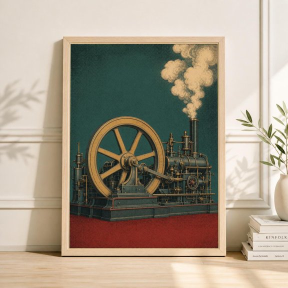 Steam Engine Poster, Vintage Mechanical Line Art, Green Red Industrial Illustration , Poster Print Only