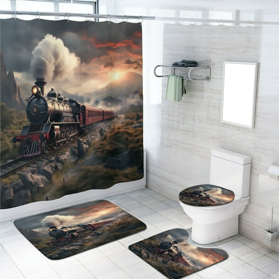 Steam Engine Shower Curtain Set Rustic Old Train in Country Locomotive Railroad with Smoke with Toilet Lid Cover and Bath Mat, Waterproof Shower Curtain with 12 Hooks, 72x72 Inch