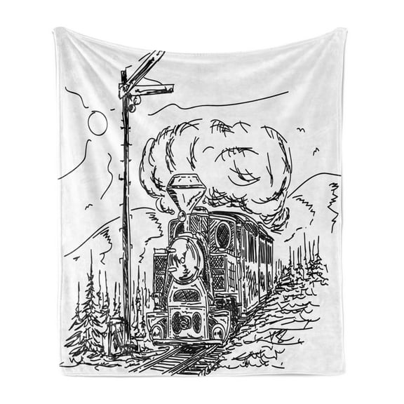 Steam Engine Soft Flannel Fleece Blanket, Black and White Old Train on Railroad Sketch Effect Vintage Traveling Print, Cozy Plush for Indoor and Outdoor Use, 50" x 60", White Black, by Ambesonne