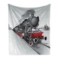 thumbnail image 1 of Steam Engine Soft Flannel Fleece Blanket, Locomotive Red Black Train on Steel Railway Track Travel Adventure Graphic Print, Cozy Plush for Indoor and Outdoor Use, 60" x 80", Red Grey, by Ambesonne, 1 of 6