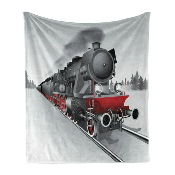 Steam Engine Soft Flannel Fleece Blanket, Locomotive Red Black Train on Steel Railway Track Travel Adventure Graphic Print, Cozy Plush for Indoor and Outdoor Use, 70" x 90", Red Grey, by Ambesonne