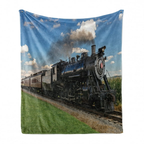 Steam Engine Soft Flannel Fleece Blanket, Vintage Locomotive in Countryside Scenery Green Grass Puff Train Picture, Cozy Plush for Indoor and Outdoor Use, 50" x 60", Blue Green Black, by Ambesonne