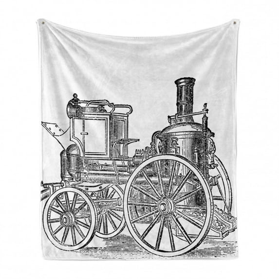 Steam Engine Soft Flannel Fleece Throw Blanket, Old Fireman Truck Drawing Effect Picture British Antique Transport, Cozy Plush for Indoor and Outdoor Use, 50" x 60", Charcoal Grey White, by Ambesonne