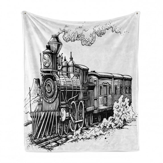 Steam Engine Soft Flannel Fleece Throw Blanket, Rustic Old Train in Country Locomotive Wooden Wagons Rail Road Smoke, Cozy Plush for Indoor and Outdoor Use, 50" x 60", Black and White, by Ambesonne