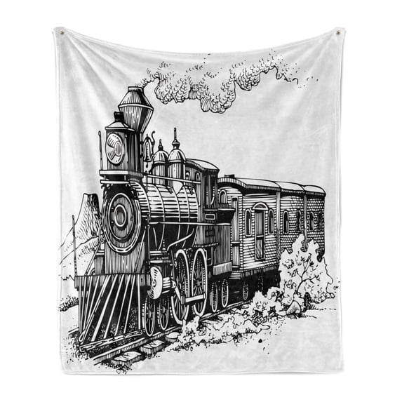 Steam Engine Soft Flannel Fleece Throw Blanket, Rustic Old Train in Country Locomotive Wooden Wagons Rail Road Smoke, Cozy Plush for Indoor and Outdoor Use, 50" x 70", Black and White, by Ambesonne
