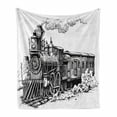 thumbnail image 1 of Steam Engine Soft Flannel Fleece Throw Blanket, Rustic Old Train in Country Locomotive Wooden Wagons Rail Road Smoke, Cozy Plush for Indoor and Outdoor Use, 70" x 90", Black and White, by Ambesonne, 1 of 6