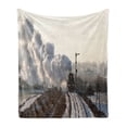 thumbnail image 1 of Steam Engine Soft Flannel Fleece Throw Blanket, Train on Rails Winter Snow Landscape Steel Industrial Theme Rural Town Print, Cozy Plush for Indoor and Outdoor Use, 50" x 60", Pale Grey, by Ambesonne, 1 of 5