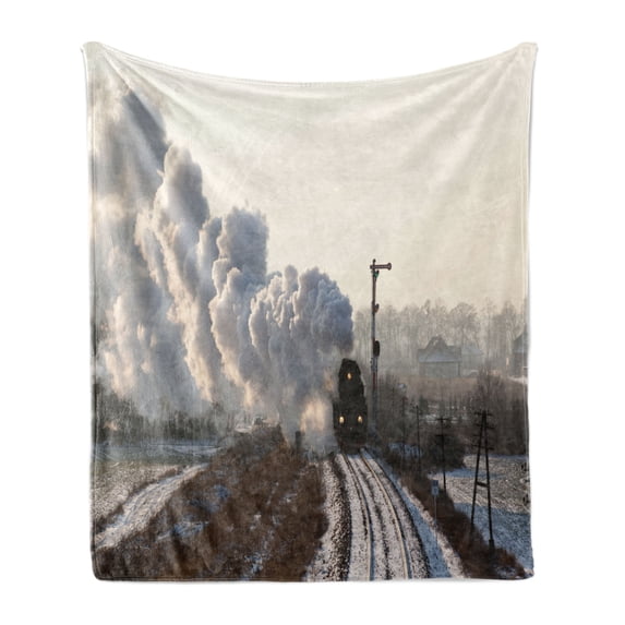 Steam Engine Soft Flannel Fleece Throw Blanket, Train on Rails Winter Snow Landscape Steel Industrial Theme Rural Town Print, Cozy Plush for Indoor and Outdoor Use, 50" x 60", Pale Grey, by Ambesonne