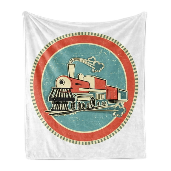 Steam Engine Soft Flannel Fleece Throw Blanket, Vintage Style Orange and Blue Banner Train Transportation Retro, Cozy Plush for Indoor and Outdoor Use, 50" x 70", Turquoise Salmon Ivory, by Ambesonne