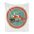 thumbnail image 1 of Steam Engine Soft Flannel Fleece Throw Blanket, Vintage Style Orange and Blue Banner Train Transportation Retro, Cozy Plush for Indoor and Outdoor Use, 60" x 80", Turquoise Salmon Ivory, by Ambesonne, 1 of 6