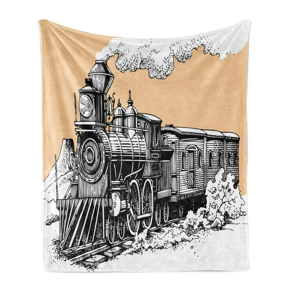 Steam Engine Soft Flannel Fleece Throw Blanket, Vintage Wooden Train Rail Wild West Wagon in Countryside Drawing Effect, Cozy Plush for Indoor and Outdoor Use, 60" x 80", Peach White, by Ambesonne