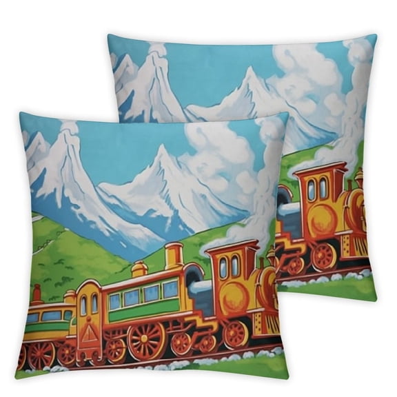 Steam Engine Throw Pillow Cushion Cover, Colorful Old Train Illustration of Countryside Retro Vintage Painting Cartoon Print, Decorative Square Accent Pillow Case, Orange Green