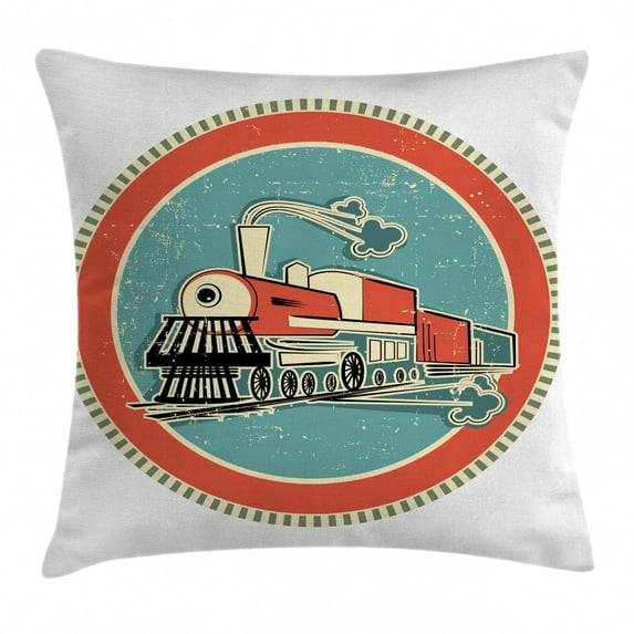 Steam Engine Throw Pillow Cushion Cover, Vintage Style Orange and Blue Banner Train Transportation Retro Old Print, Decorative Square Accent Pillow Case, 16 X 16 Inches, White Coral Blue, by Ambesonne