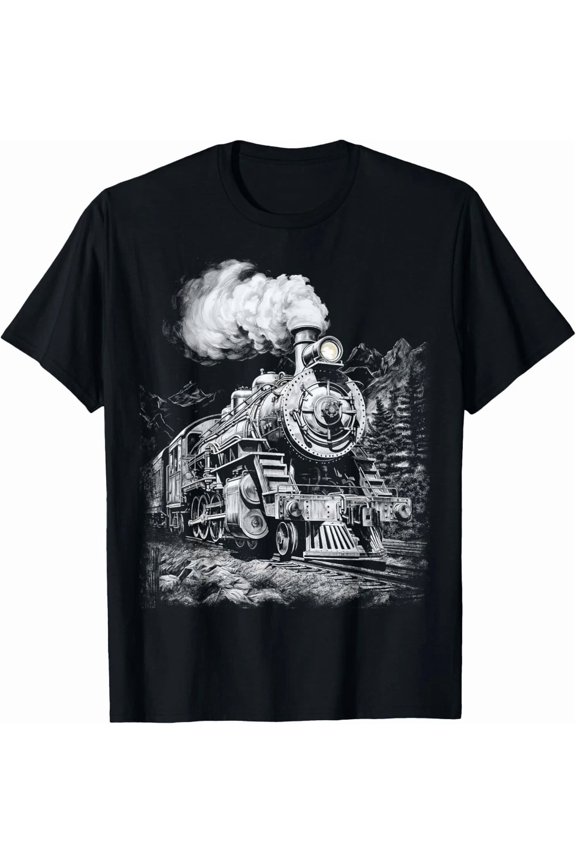 Steam Engine Train Locomotive Vintage Rail Fan Unisex T-Shirt , up to Size 5XL