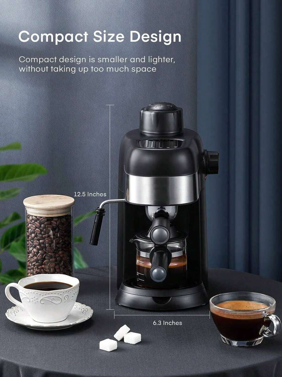 Steam Espresso Machine, 3.5 Bar 4 Cup, Professional Compact Espresso And Cappuccino Maker With Milk Frother And Carafe For Coffee, Latte And Mocha