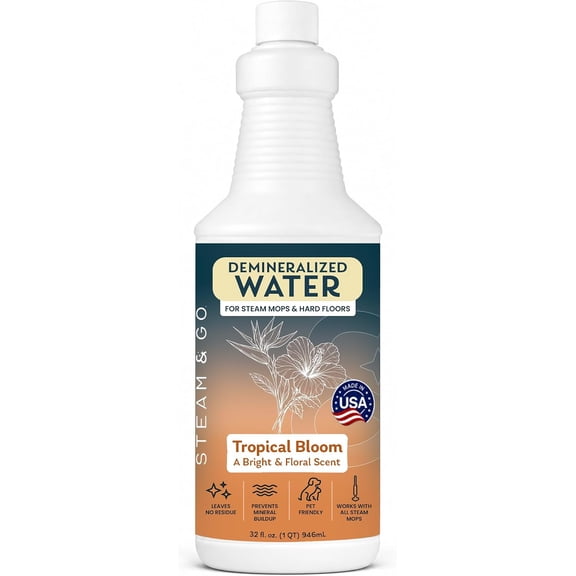 STEAM AND GO Demineralized Water Floor Cleaner Solution for Steam Mops, Tropical Bloom, 32 fl oz