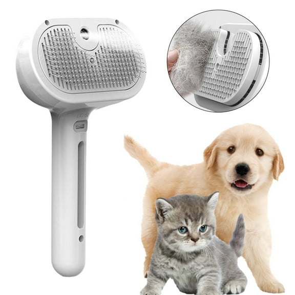 Steam Grooming Brush for Shedding and Detangling, Self-Cleaning Steamy Pet Brush with Mist Spray for Long-Haired Cats and Small Dogs (White) 4.52x8.07"