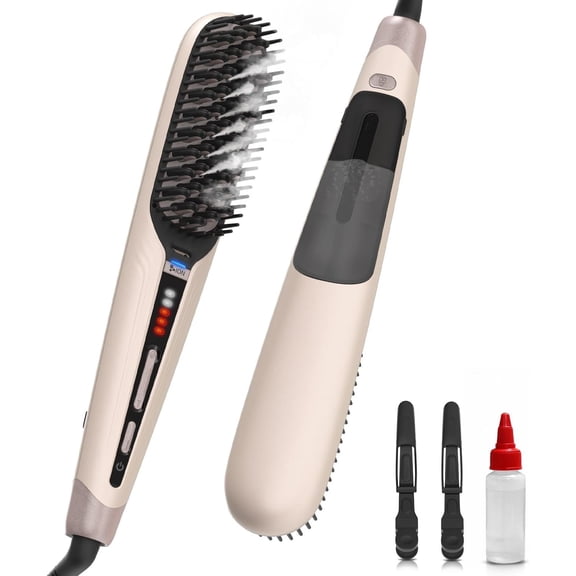 Steam Hair Straightener Brush, 3-in-1 Ionic Straightening Comb with 2 Steam Levels, 3 Heat Settings (356?F-428?F), Dual 110-240V, Anti-Scald Design for Frizzy & Curly Hair ()