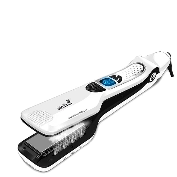 Steam Hair Straightener with Ceramic Tourmaline Spray, Anti-Scald Comb - 5 Level Adjustable Temp LCD Display, Auto-Off, White