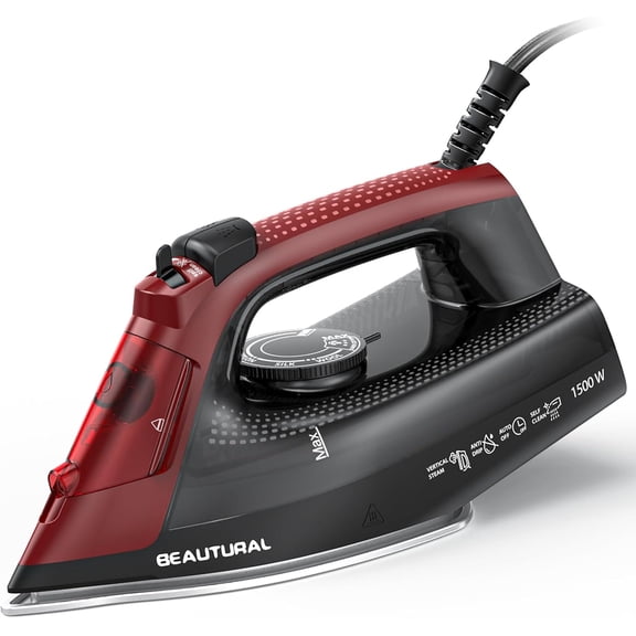 Steam Iron for Clothes, Ceramic-Coated Soleplate with Burst Steam, 3-Way Auto Shutoff, Anti-Drip and Anti-Calc, Self-Cleaning, 1500W Powerful Home Use