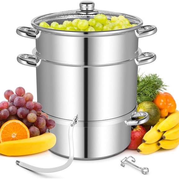 Steam Juicer for Canning, 11 Quart Fruits Vegetables Steamer with Tempered Glass Lid, Silicone Hose, Clamp and Loop Handles, Stainless Steel Steamer Extractor for Making Jelly, Jam, Juice