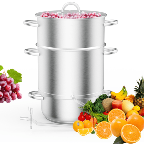 Steam Juicer Pot 11QT Stainless Steel Fruit Juice Extractor with Tempered Glass Lid Strainer Basket and Hose Silver