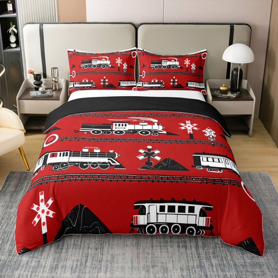Steam Locomotive 100% Cotton Duvet Cover Full Size,Cartoon Railway Theme Bedroom Decor Comforter Cover,Black Red Car Quilt Cover(No Comforter)