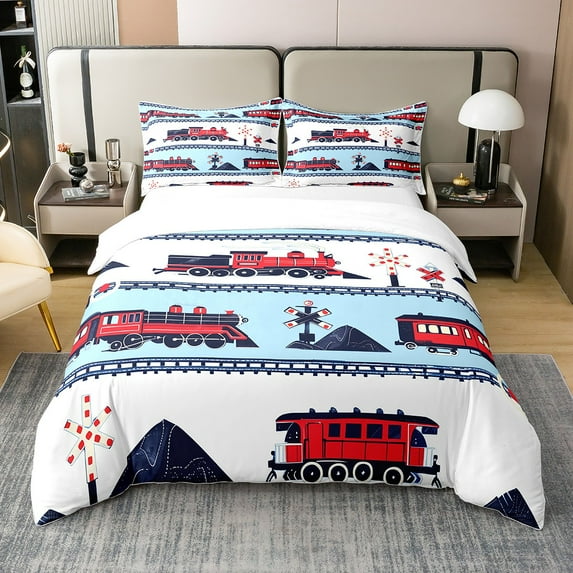 Steam Locomotive 100% Cotton Duvet Cover Full Size,Cute Vehicle Car Comforter Cover For Bedroom,Red Blue Railway Quilt Cover(No Comforter)