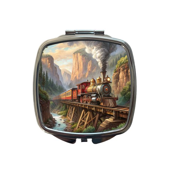 Steam Locomotive Crossing Gorge Old West Western Travel Makeup Handbag Purse Small Pocket Compact Mirror