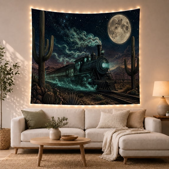 Steam Locomotive on Desert Tracks Beneath Full Moon, Mystical Fantasy for Railway Fans, Western Night Art, Housewarming Gift, Tapestry Wall Hanging for Living Room and Den