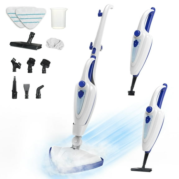 Steam Mop 12-in-1, 1500W Detachable Handheld Steam Cleaner, Fast 15s Heat-Up, 2 Dirt Grip Pads, Removes 99.99% Stubborn Stains for Hardwood Floors, Clothes, Windows, Tiles, Furniture, Blue