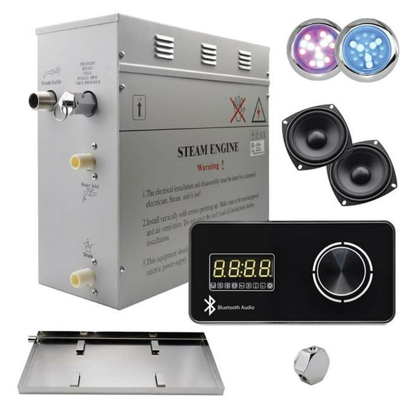 Steam Planet GH9LBPX2E Superior Encore Plus 9 kW Self-Draining Steam Bath Generator Kit & Bluetooth Horizontal Digital Keypad, Drip Pan & Multi-Colored Lights, Black
