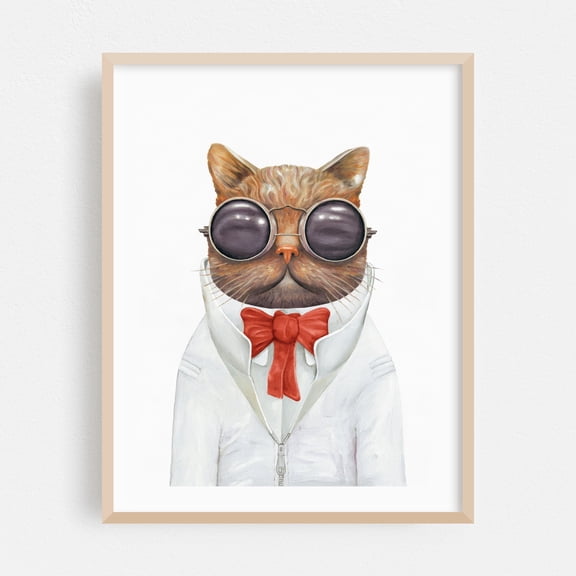 Steam Punk Cat - Collage Cat Humor Animal Modern Art Pop Art Fashion Whimsical Oak Framed Wall Art Print 5 x 7 inches