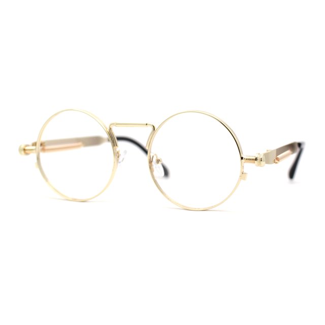Steam Punk Round Circle Lens Metal Rim Retro Victorian Spring Arm Sunglasses Gold Clear