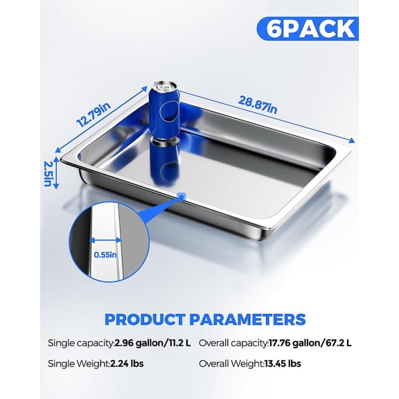 Steam Table Hotel Pans 1/1 Full Size 2.5 Inch Deep 6 Pack, Stainless Steel Food Storage Container Metal Tray Sets for Commercial Restaurant Chafing Dishes Buffet Warmer Catering Supplies