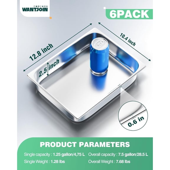 Steam Table Hotel Pans 1/2 Half Size 2.5 Inch Deep 6 Pack, Stainless Steel Metal Tray Sets Food Storage Container for Restaurant Chafing Dishes Commercial Buffet Warmer Catering Supplies