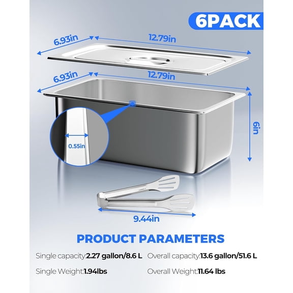 Steam Table Hotel Pans with Lid 1/3 Third Size 6 Inch Deep 6 Pack, Stainless Steel Metal Tray Sets Food Storage Container, Commercial Restaurant Buffet Chafing Dishes Warmer Catering Supplies