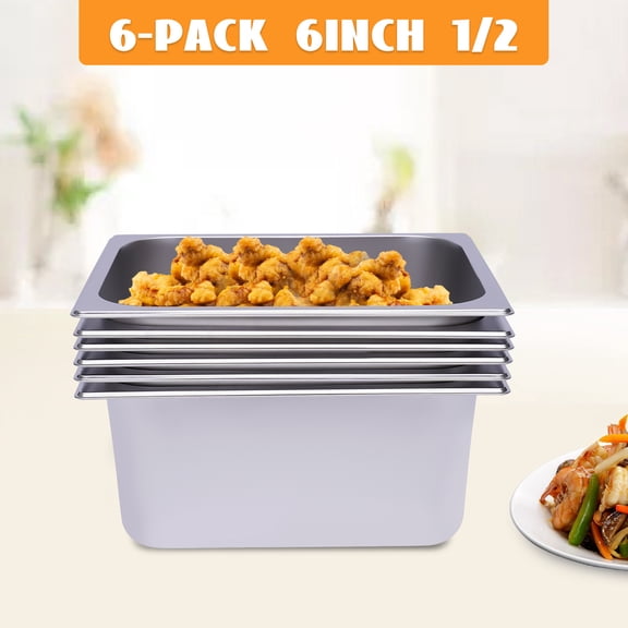 Steam Table Pans, 6-Pack 6 Inch Deep Restaurant Steam Table Pans Commercial, Hotel Pan Made of 201 Gauge Stainless Steel