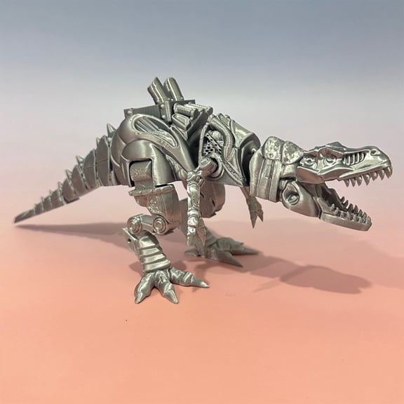 Steam Tech Dinosaur 3D Printed Mechanical T-Rex Figure, 10 Inch Articulated Animal Statue for Home Office Desktop Decor, Silver Metallic Movable Joint Ornament
